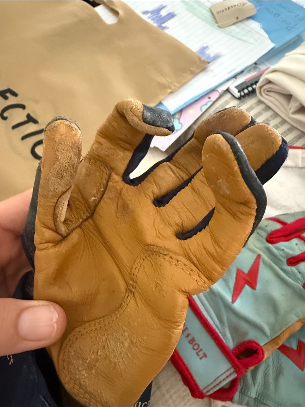 Bruce bolt Ym &xl Leather Work baseball gloves in Tan, Baby Blue & Red - Picture 12 of 14